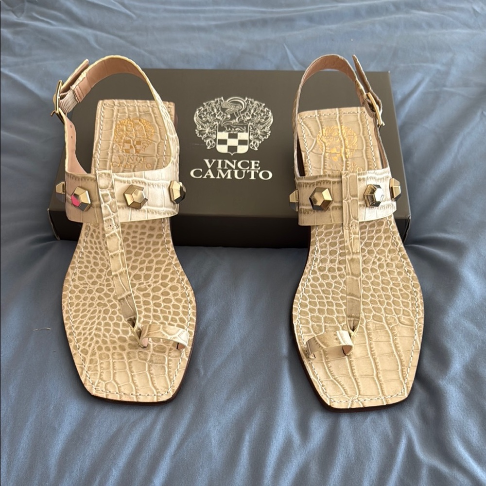 Vince Camuto Beige Sandals with Gold Accents
